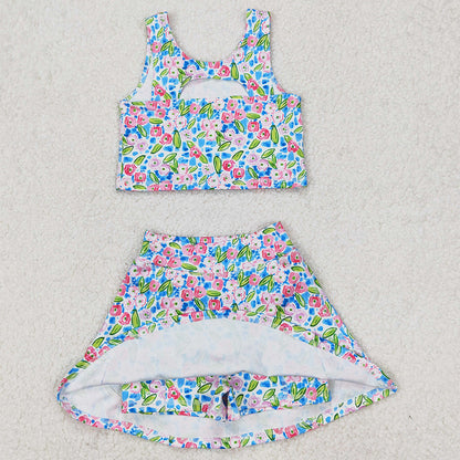 Baby Girls Dress Blue Flowers Athletic Active Wear Top Shorts Skirts Tennise Outfits GSD1988