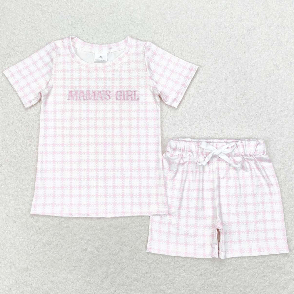 Baby Girls Clothes Mama's Girl Embroidery Pink Checkered Tee Shirts Tops Shorts Sets GSSO1236