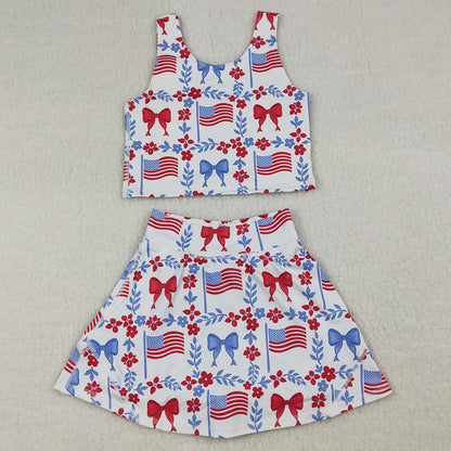 Baby Girls Clothes Flower Flags Vests Skirt Short 4th of July Yoga Active Clothes Sets GSD3499