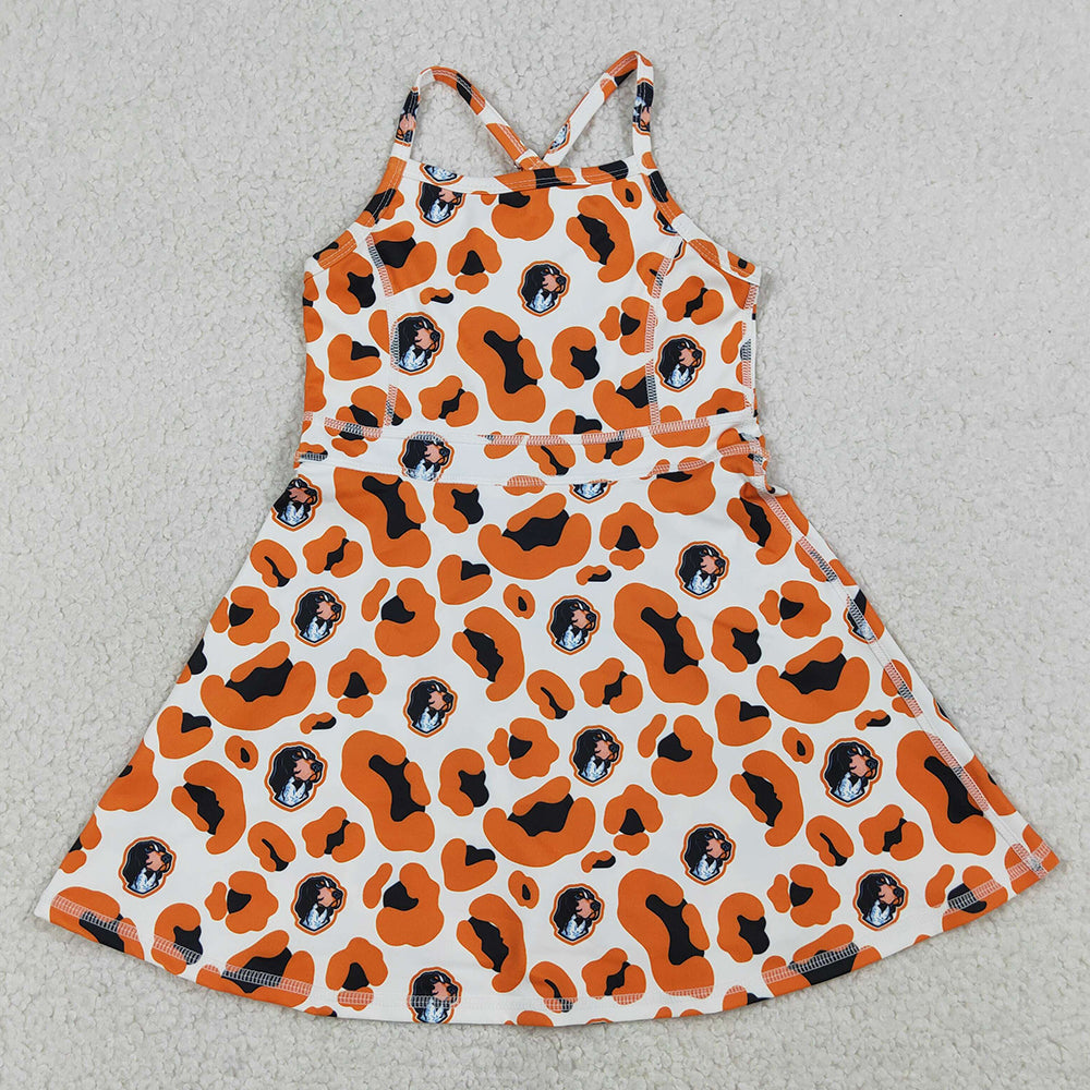 Baby Girls Dress Strap Orange Leopard Dogs Team Yoga Active Shorts Knee Length Dress GSD3634