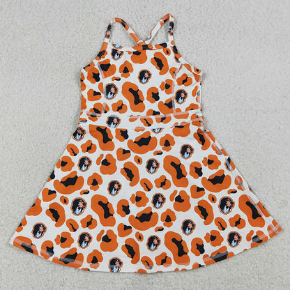 Baby Girls Dress Strap Orange Leopard Dogs Team Yoga Active Shorts Knee Length Dress GSD3634