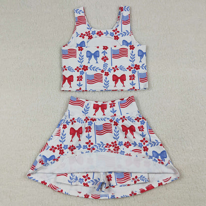 Baby Girls Clothes Flower Flags Vests Skirt Short 4th of July Yoga Active Clothes Sets GSD3499