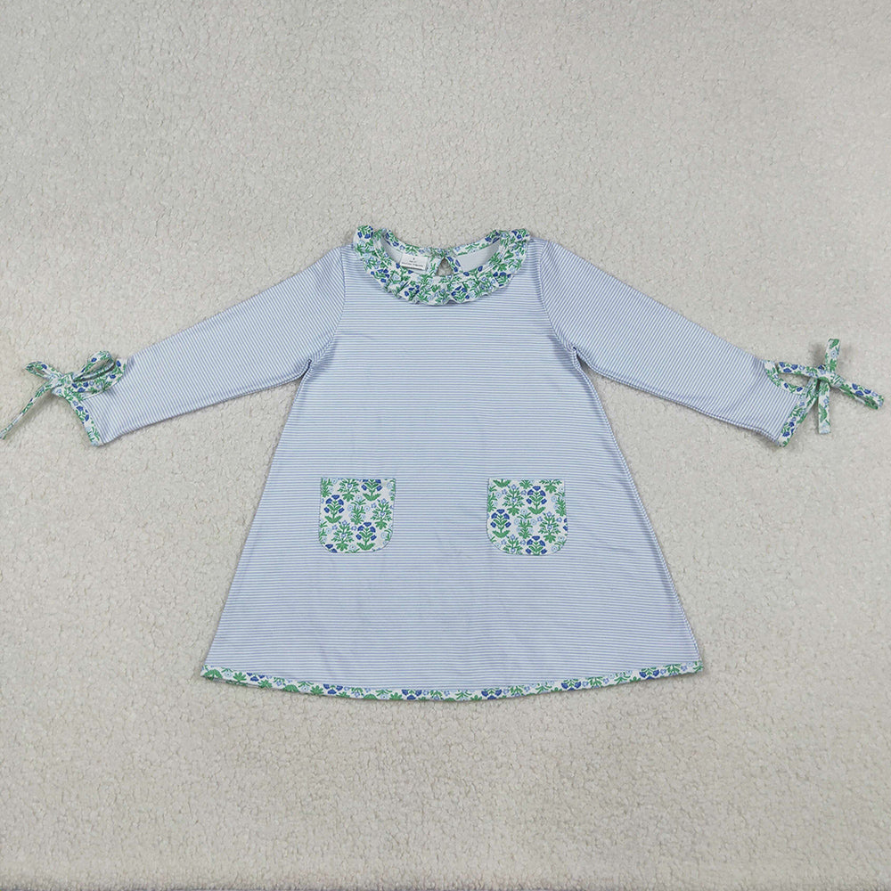 Baby Girls Dress Stripes Green Flowers Pockets Knee Length Dresses GLD0927 9.20