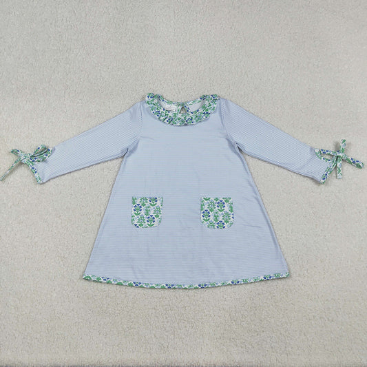 Baby Girls Dress Stripes Green Flowers Pockets Knee Length Dresses GLD0927 9.20