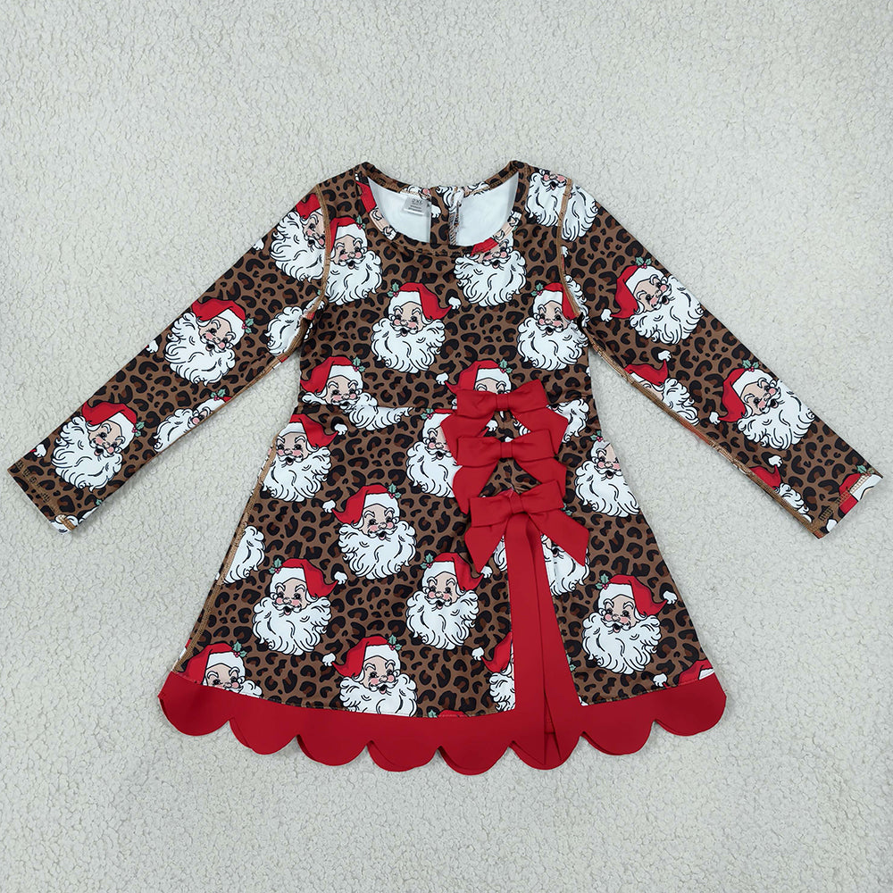 Baby Girls Dress Leopard Santa Short Christmas Bows Scallop Yoga Active Knee Length Dress GLD1679