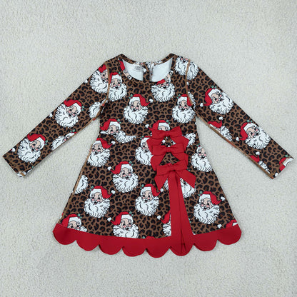 Baby Girls Dress Leopard Santa Short Christmas Bows Scallop Yoga Active Knee Length Dress GLD1679