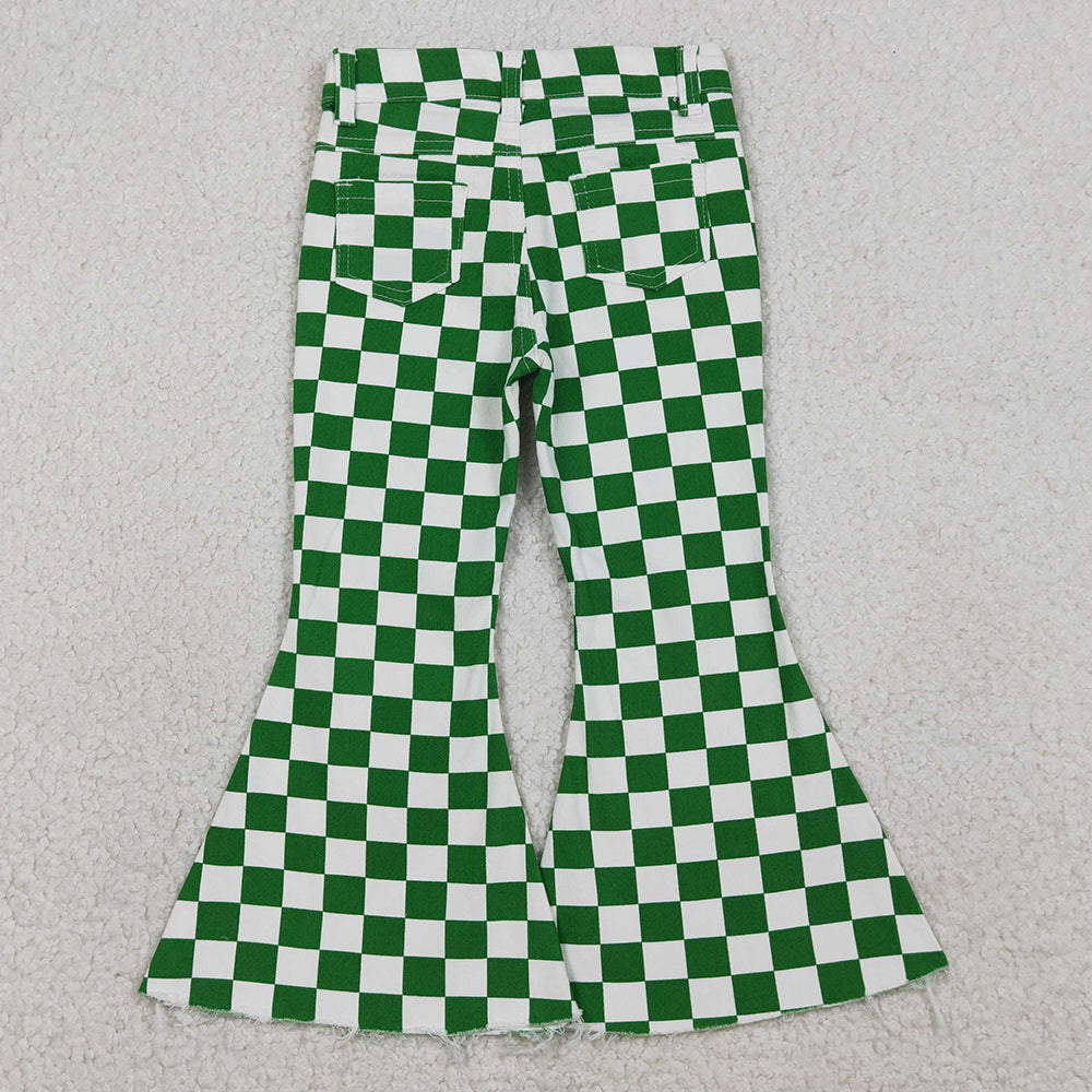 Baby Girls Jeans Green White Checked Pockets Denim Bell Bottom Pants P0841