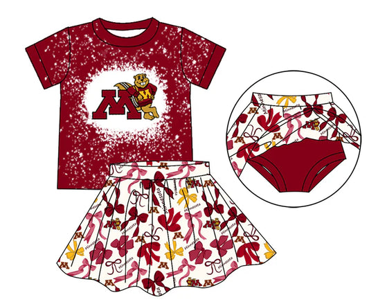 Preorder moq 5 maroon M bleached top bow skirt girls team outfits 8.23