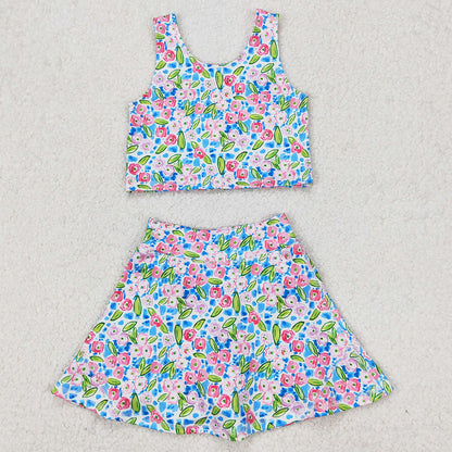 Baby Girls Dress Blue Flowers Athletic Active Wear Top Shorts Skirts Tennise Outfits GSD1988