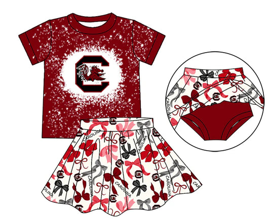 Preorder moq 5 maroon bleached top bow skirt girls team outfits 8.26