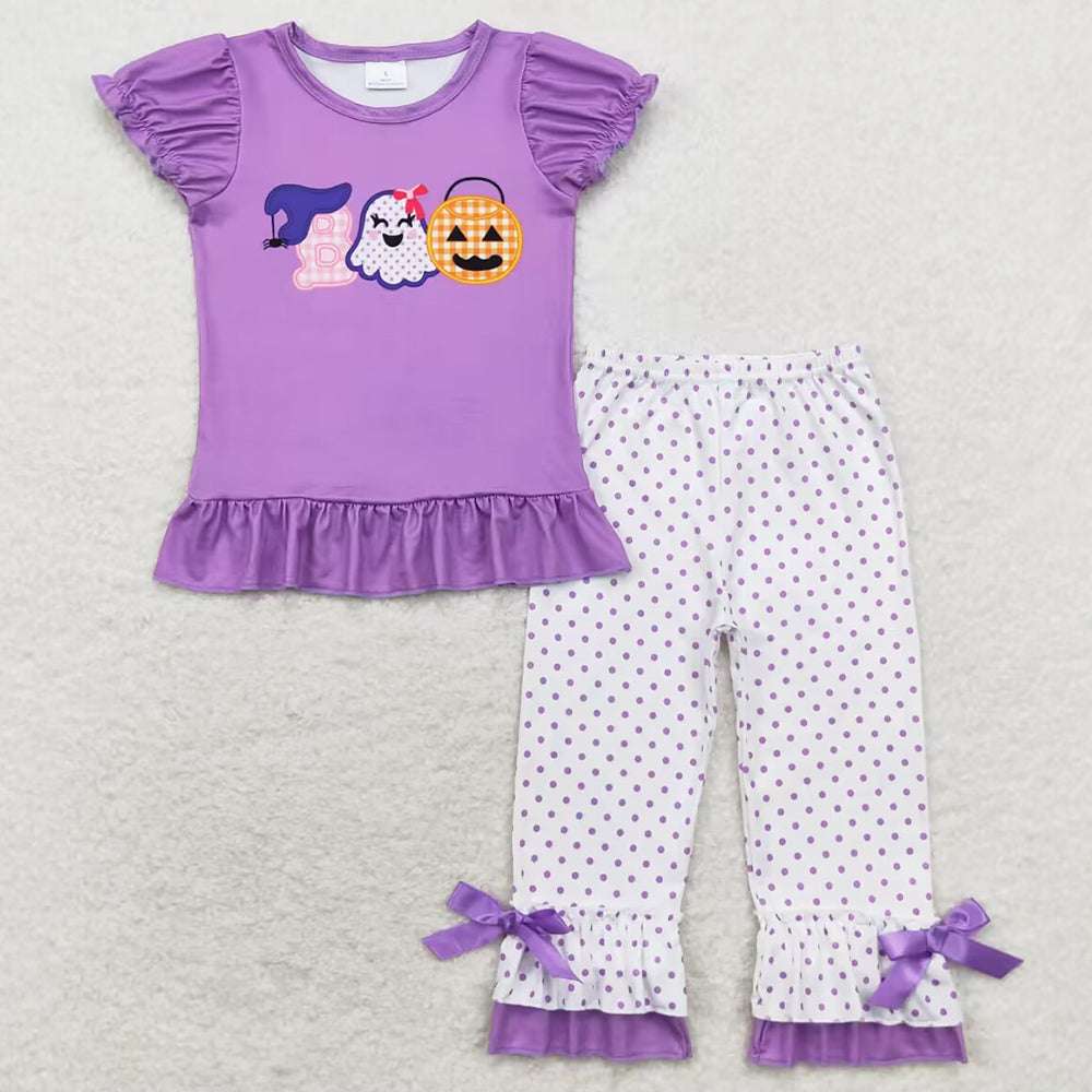 Baby Girls Clothes Purple Halloween Pumpkin Top Ruffle Pants Sets GSPO1647