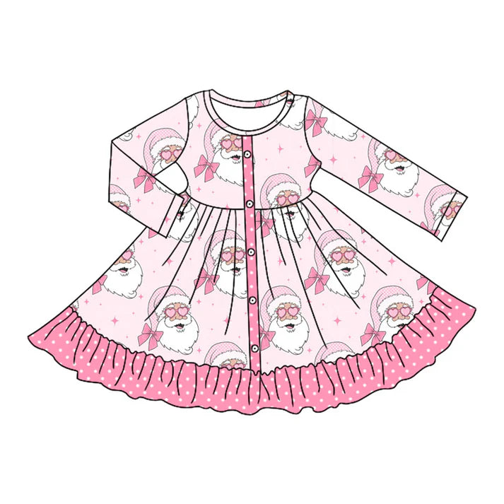 Preorder moq 5 Baby Girls Pink Long Sleeves Bows Santa Button Ruffle Knee Length Dresses 5.7