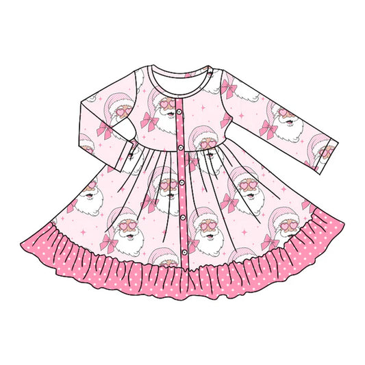 Preorder moq 5 Baby Girls Pink Long Sleeves Bows Santa Button Ruffle Knee Length Dresses 5.7