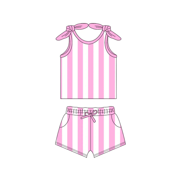 Preorder (moq 5)Baby Girls Pink Bows Strap Stripe Top Pockets Short Set 5.15