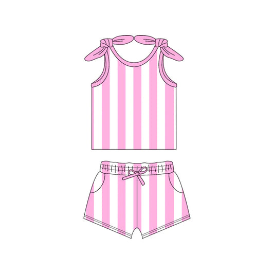 Preorder (moq 5)Baby Girls Pink Bows Strap Stripe Top Pockets Short Set 5.15