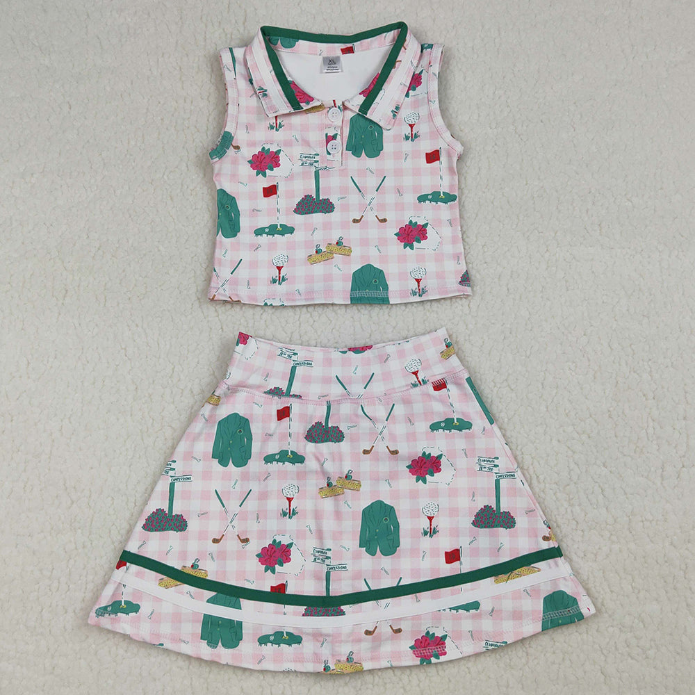 Baby Girls Clothes Pink Checked Golf Flags Button Top Skirt Short Yoga Active Clothes Sets GSD3520