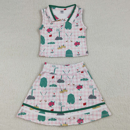 Baby Girls Clothes Pink Checked Golf Flags Button Top Skirt Short Yoga Active Clothes Sets GSD3520