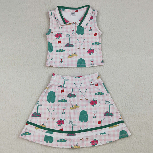 Baby Girls Clothes Pink Checked Golf Flags Button Top Skirt Short Yoga Active Clothes Sets GSD3520