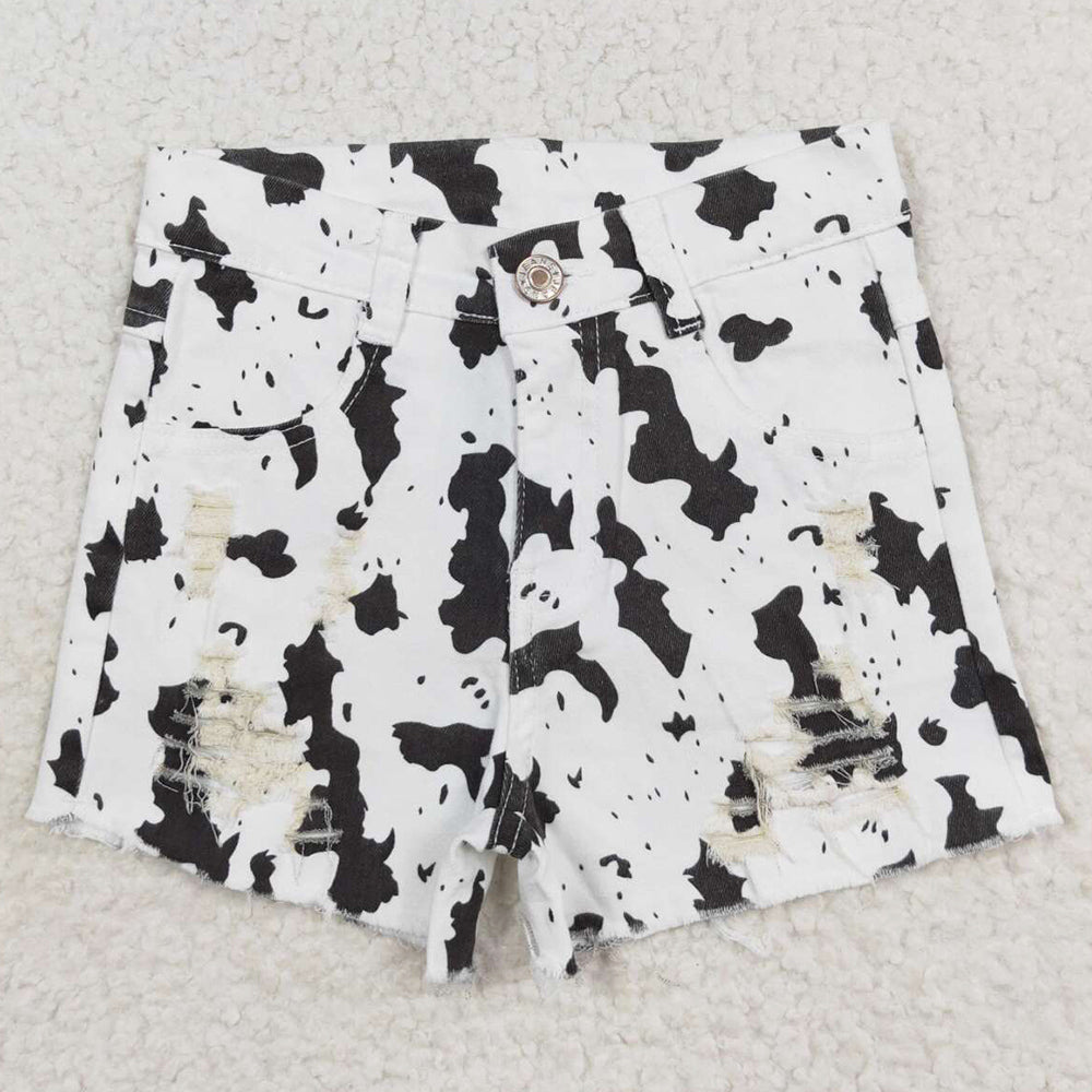 Baby Girls Jeans Black White Cow Distressed Denim Shorts SS0332