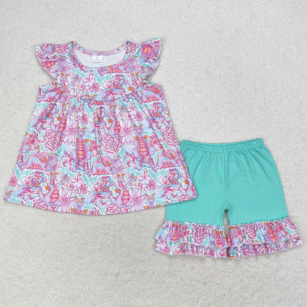 Baby Girls Clothes Flutter Sleeve Purple Flowers Top Ruffle Shorts Sets GSSO1356