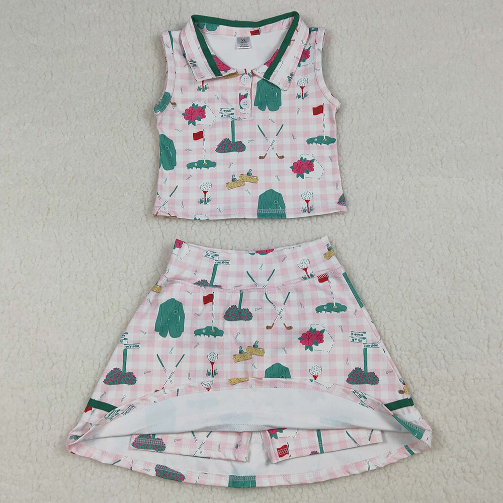 Baby Girls Clothes Pink Checked Golf Flags Button Top Skirt Short Yoga Active Clothes Sets GSD3520