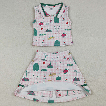 Baby Girls Clothes Pink Checked Golf Flags Button Top Skirt Short Yoga Active Clothes Sets GSD3520