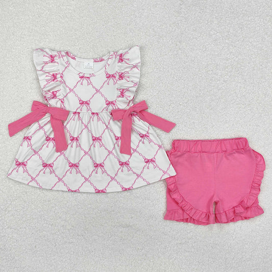 Baby Girls Clothes Pink Bows Tunic Ruffle Shorts Clothes Sets GSSO1620