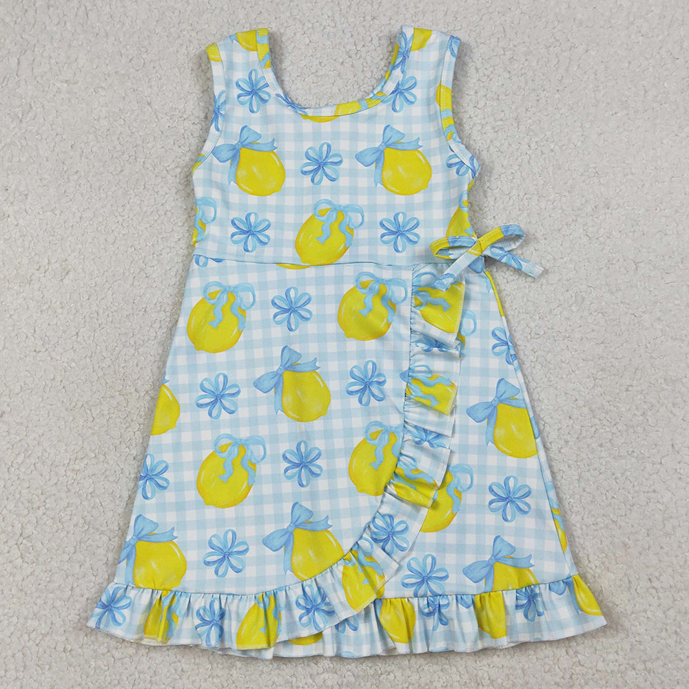 Baby Girls Dress Blue Checked Bow Lemons Back Zip Yoga Active Shorts Ruffle Knee Length Dress GSD3684