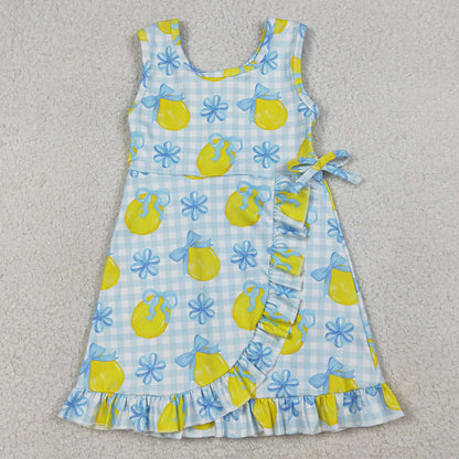 Baby Girls Dress Blue Checked Bow Lemons Back Zip Yoga Active Shorts Ruffle Knee Length Dress GSD3684