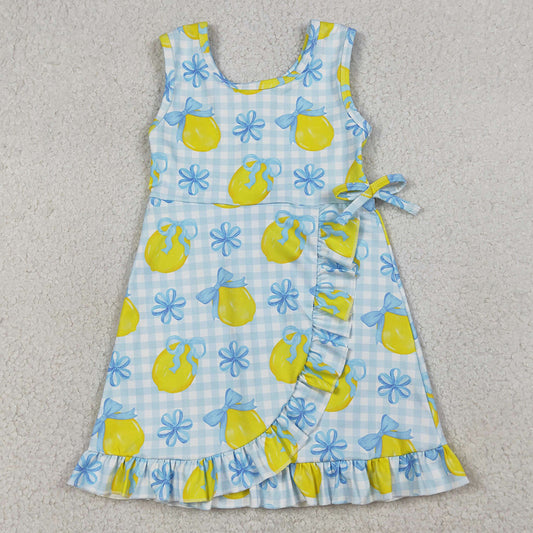 Baby Girls Dress Blue Checked Bow Lemons Back Zip Yoga Active Shorts Ruffle Knee Length Dress GSD3684