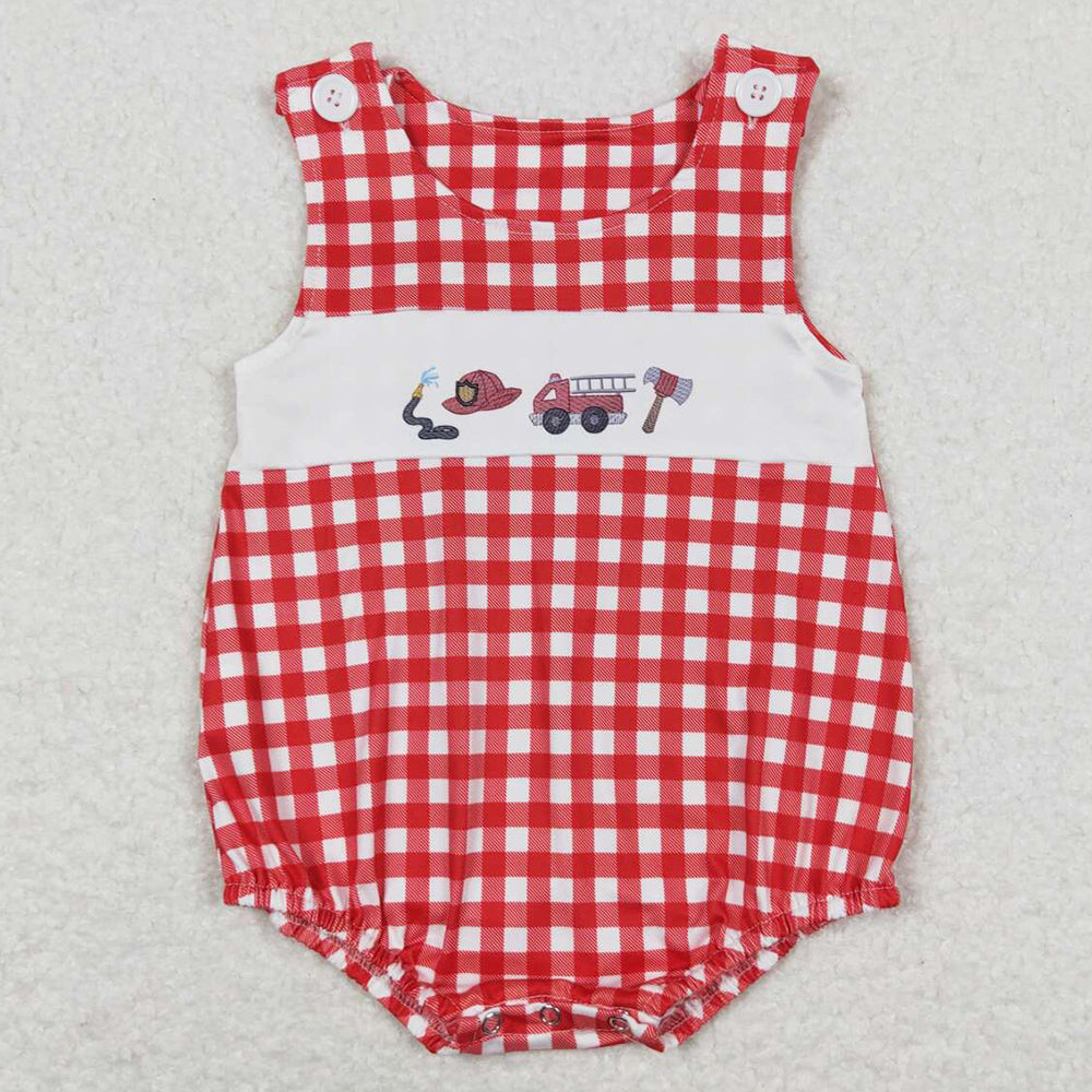 Baby Infant Boys Romper Fire Truck Checkered Summer Sleeveless Rompers SR1174