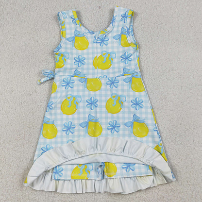 Baby Girls Dress Blue Checked Bow Lemons Back Zip Yoga Active Shorts Ruffle Knee Length Dress GSD3684