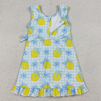 Baby Girls Dress Blue Checked Bow Lemons Back Zip Yoga Active Shorts Ruffle Knee Length Dress GSD3684