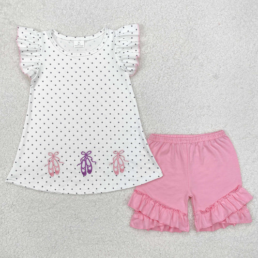 Baby Girls Clothes Ballet Embroidery Dots Tunic Top Ruffle Shorts Sets GSSO1504