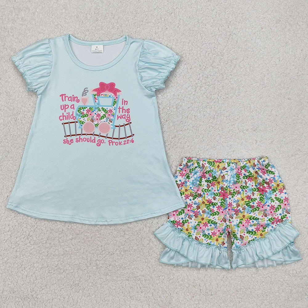 Baby Girls Clothes Flowers Trucks Tunic Tops Ruffle Shorts Sets GSSO1643