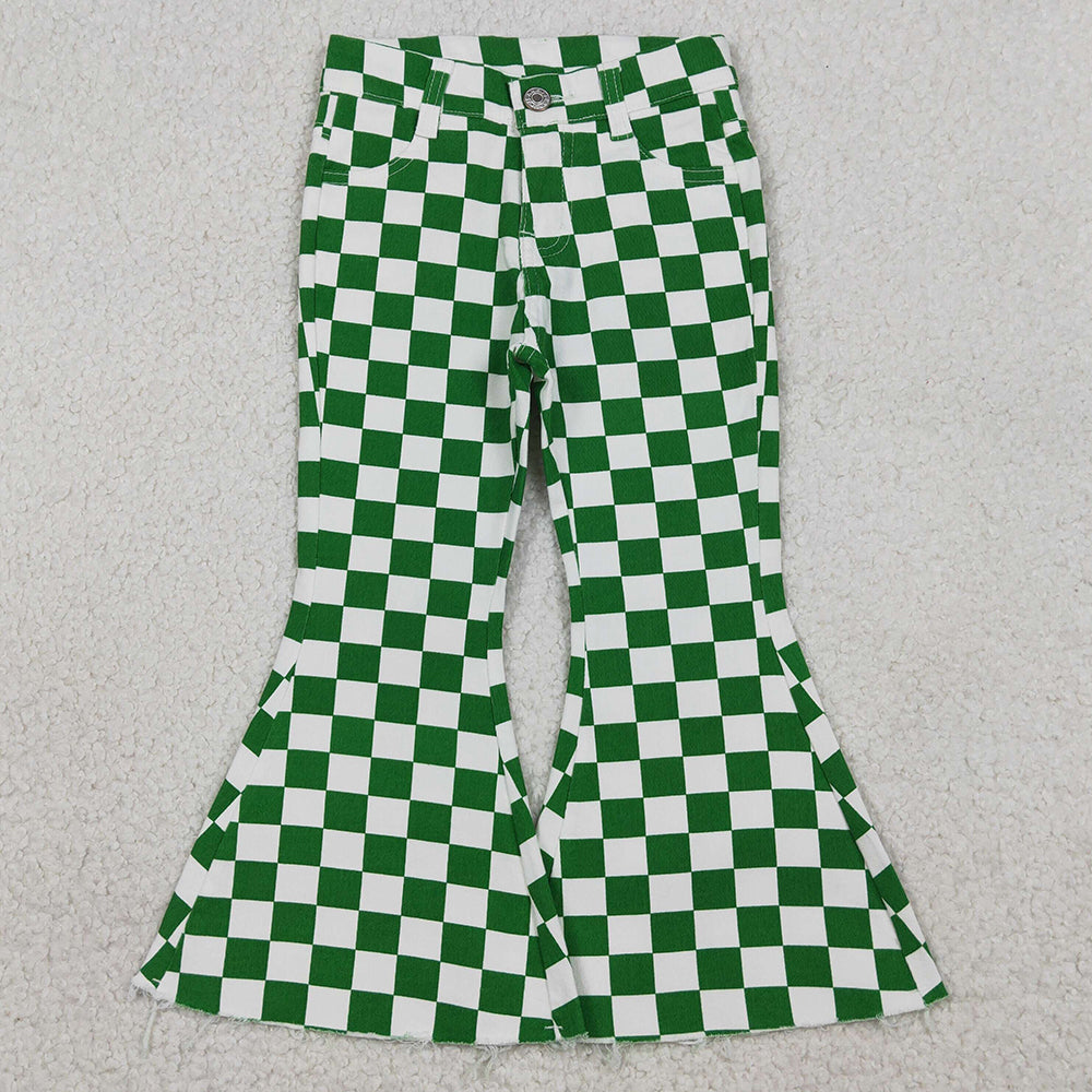 Baby Girls Jeans Green White Checked Pockets Denim Bell Bottom Pants P0841