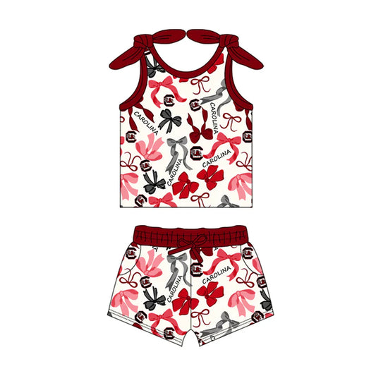 Preorder MOQ 5 pcs sleeveless maroon bow top shorts girls team clothes 8.26