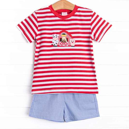 Preorder moq 5 Baby Girls Red Stripe Short Sleeves Cows House Top Blue Short Farm Set 4.30