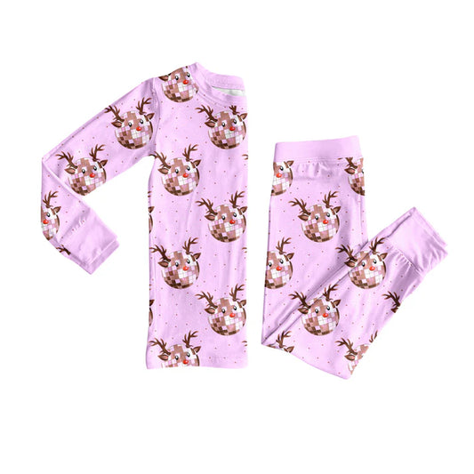Preorder (moq 5)Baby Girls Lavender Long Sleeves Deer Plaid Top Pant Pajamas Set 6.2