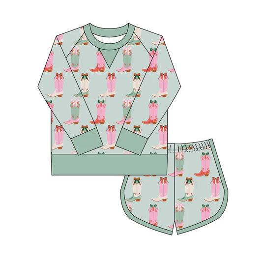 Preorder(moq 8)Baby Girls Green Pink Bows Boots Top Shorts Western Clothes Set 10.1