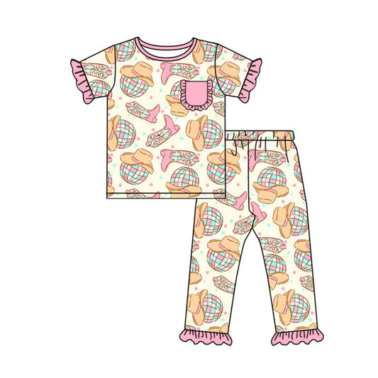 Preorder(moq 5) Baby Girls Pink Howdy Hat Boots Pocket Top Ruffle Pant Western Pajamas Sets 10.18