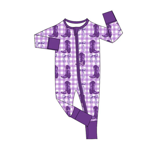 Preorder (moq 8)Baby Boys Purple Checked Boots Bows Zipper Footie Rompers 9.20