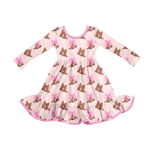 Preorder (moq 5)Baby Girls Western Boots Bows Ruffle Knee Length Dresses 8.7
