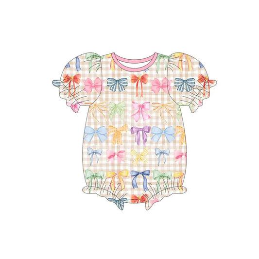 Preorder (moq 8)Baby Girls Colorful Bows Checked Short Ruffle Sleeve Rompers 9.12