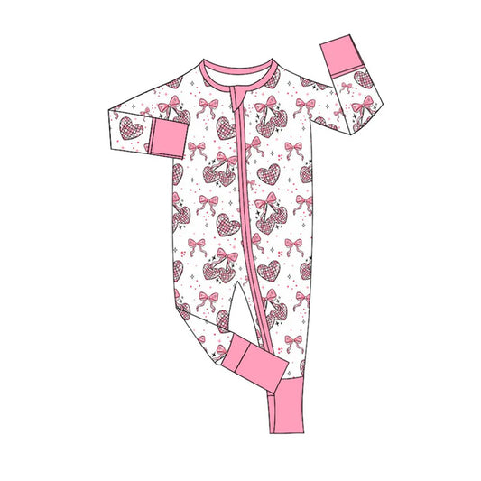 Preorder (moq 8)Baby Girls Pink Bows Hearts Valentine Zipper Footie Rompers 9.16
