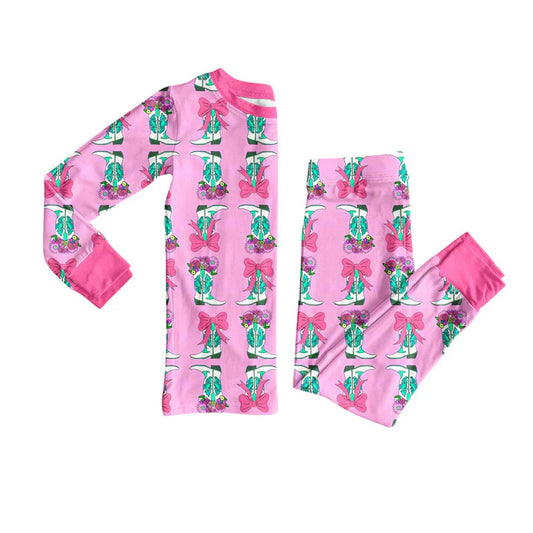 Preorder(moq 8)Baby Girls Bows Flowers Boots Stripe Top Pant Pajamas Sets 9.30