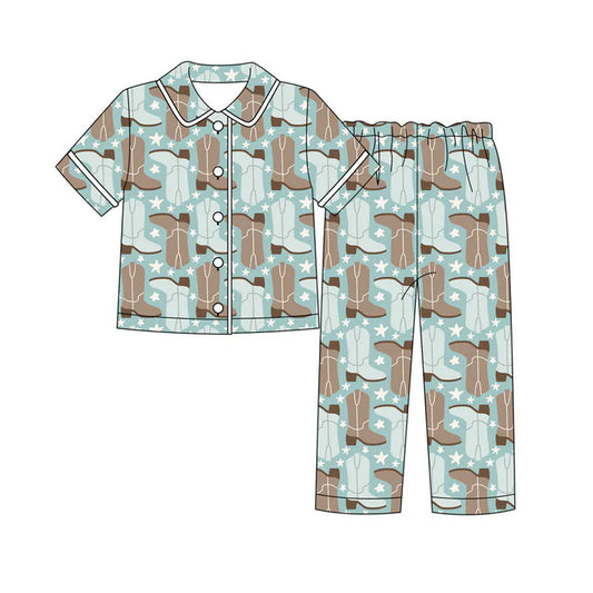 Preorder(moq 8)Baby Boys Green Boots Stars Button Top Pants Pajamas Sets 9.26
