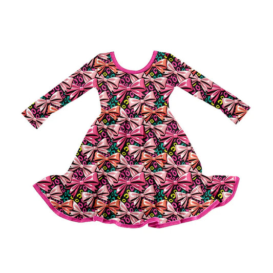 Preorder (moq 5)Baby Girls Colorful Leopard Bows Ruffle Knee Length Dresses 9.4