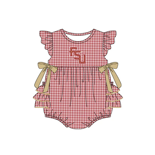 Preorder moq 5 Baby Girls Red Plaid Flutter Sleeves Bows FSU Team Rompers 7.10