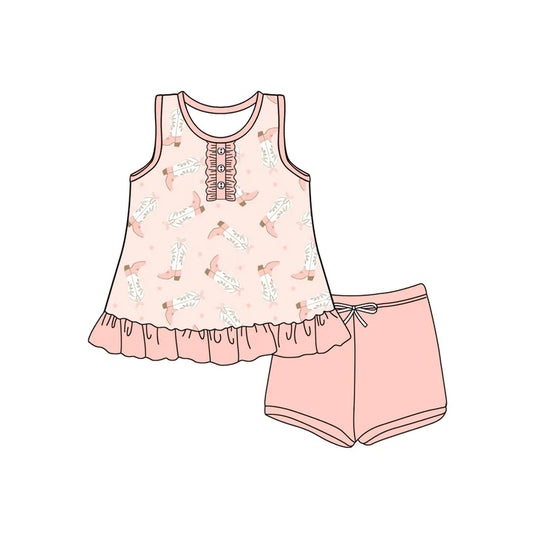 Preorder (moq 5)Baby Girls Peach Sleeveless Button Boots Stars Tunic Short Set 4.25